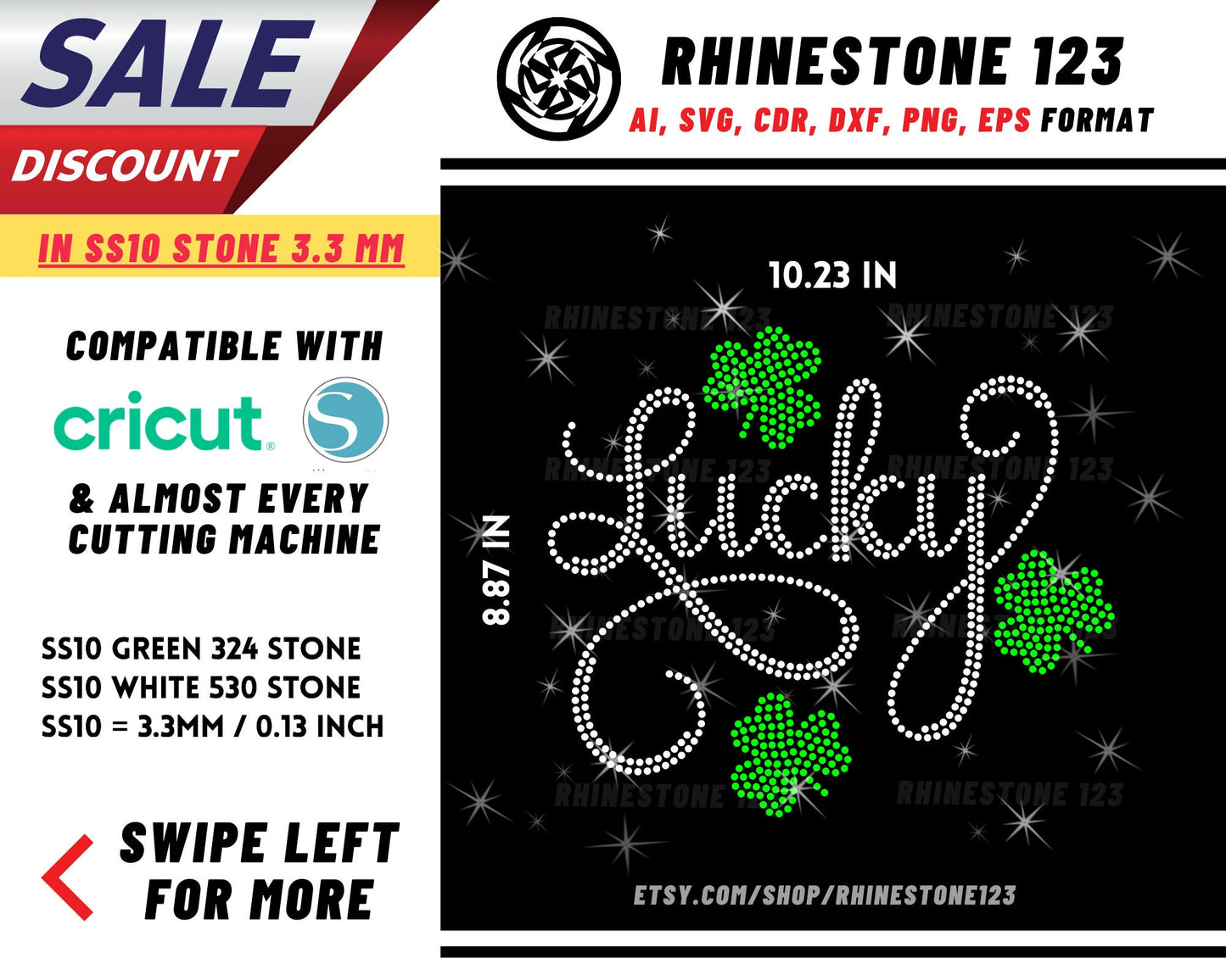 St Patricks Day Lucky Rhinestone Template, Rhinestone File for SS10, Rhinestone SVG, cricut, silhouette, PNG, AI, cdr, dxf, eps