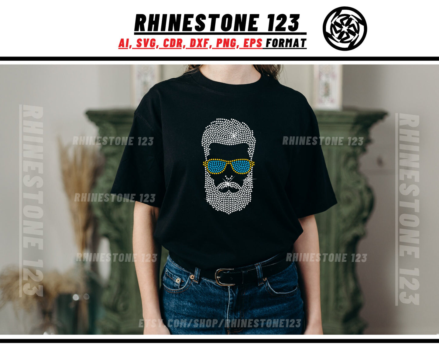 Dude Cool SunGlasses Beard Man Rhinestone Template, cricut, silhouette, Rhinestone SVG, Rhinestone File for SS10, PNG, AI, cdr, dxf, eps