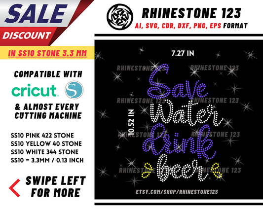 Save Water Drink Beer Rhinestone Template, Rhinestone File for SS10, Rhinestone SVG, cricut, silhouette, PNG, AI, cdr, dxf, eps