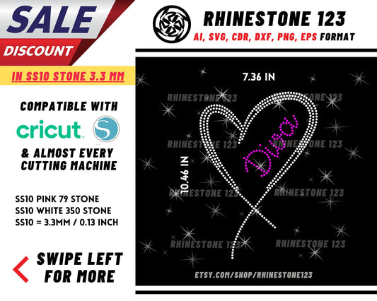 Dive in Heart Rhinestone Template, Rhinestone File for SS10, Rhinestone SVG, cricut, silhouette, PNG, AI, cdr, dxf, eps