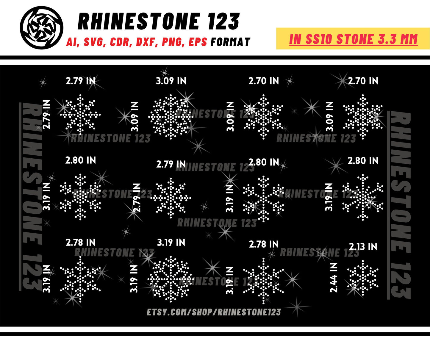 Snowflakes bundle 12 in 1 Rhinestone Template, Rhinestone SVG, cricut, silhouette, Rhinestone File for SS10, PNG, AI, cdr, dxf, eps