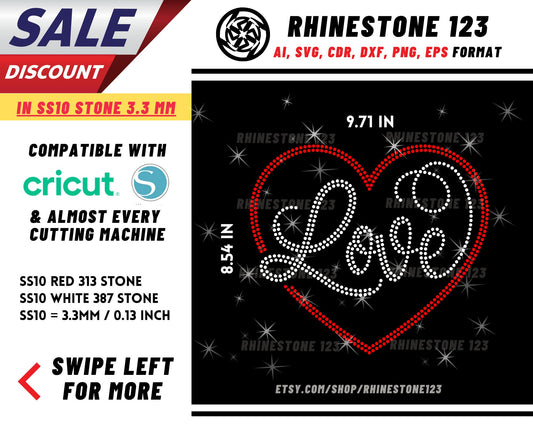 Love Heart Rhinestone Template, Rhinestone File for SS10, Rhinestone SVG, cricut, silhouette, PNG, AI, cdr, dxf, eps