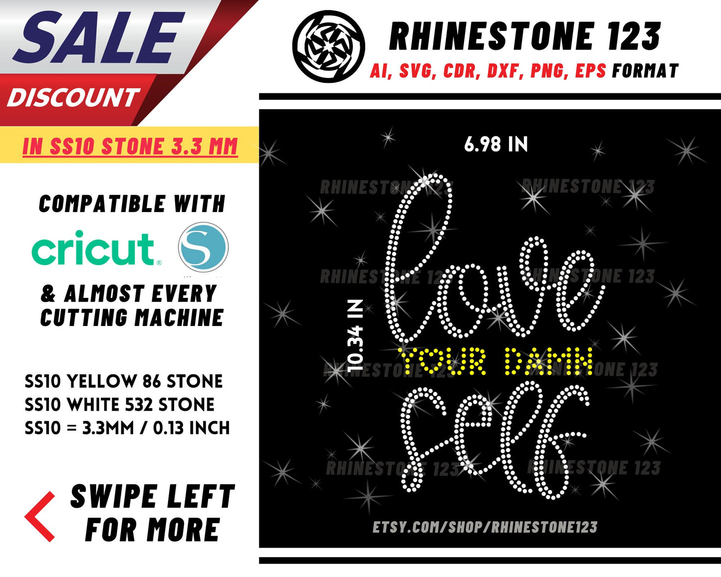 Love your Damn Self Rhinestone Template, Rhinestone File for SS10, Rhinestone SVG, cricut, silhouette, PNG, AI, cdr, dxf, eps