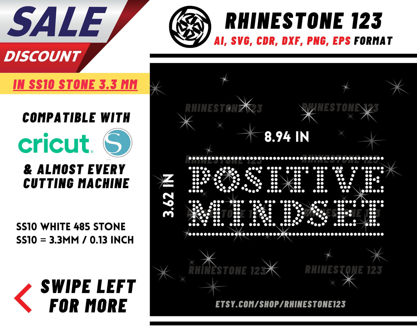 Positive Mindset Rhinestone Template, Rhinestone SVG, cricut, silhouette, Rhinestone File for SS10, PNG, AI, cdr, dxf, eps