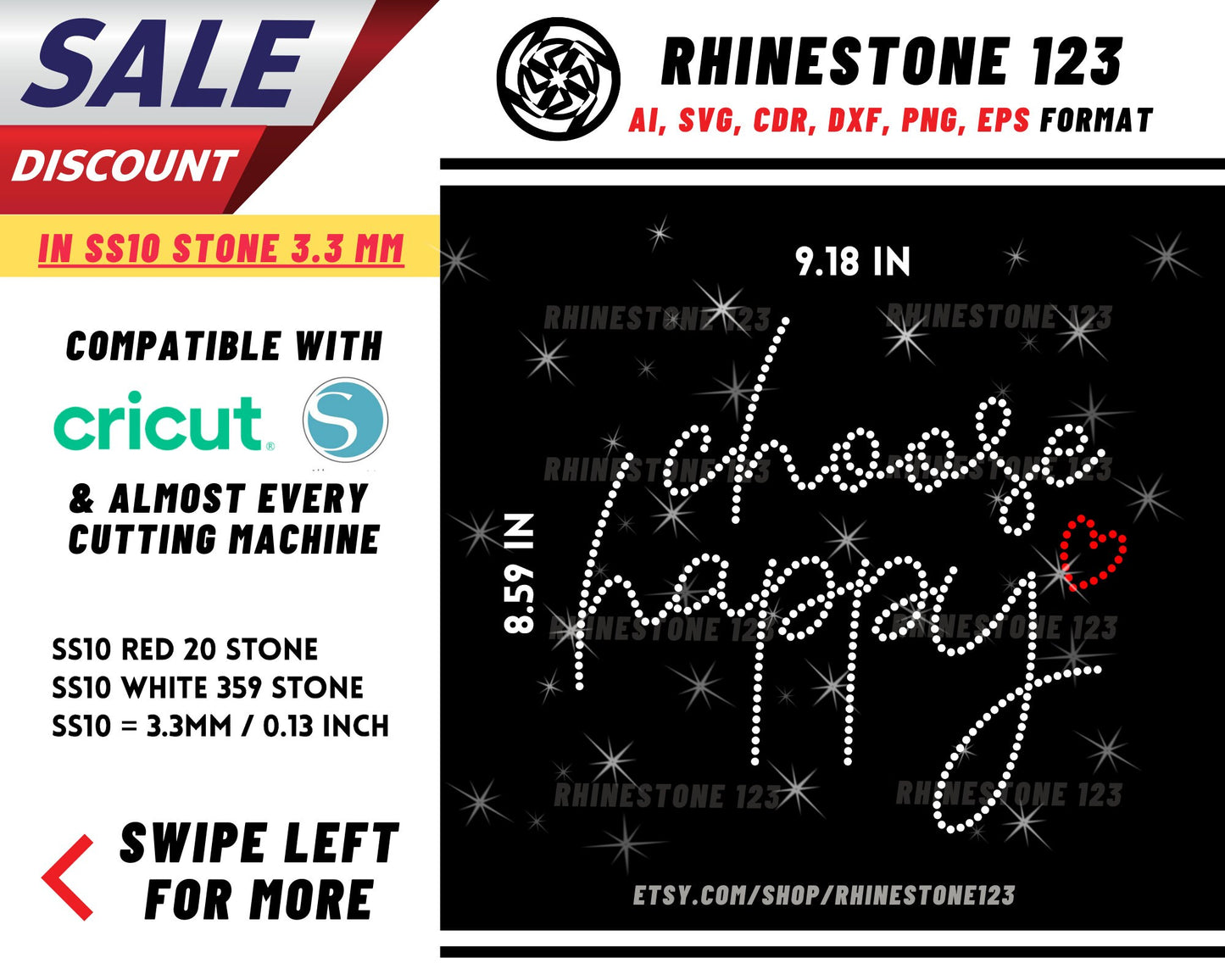 Choose Happy Rhinestone Template, Rhinestone SVG, cricut, silhouette, Rhinestone File for SS10, PNG, AI, cdr, dxf, eps