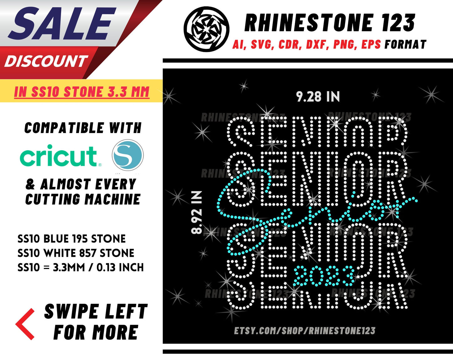 Stacked Senior 2023 Rhinestone Template, cricut, silhouette, Rhinestone SVG, Rhinestone File for SS10, PNG, AI, cdr, dxf, eps