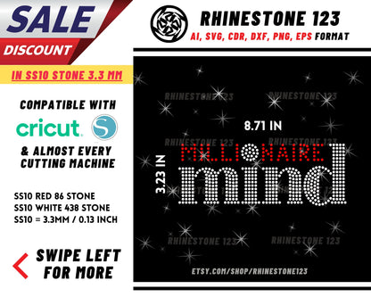 Millionaire Mind Rhinestone Template, Rhinestone SVG, cricut, silhouette, Rhinestone File for SS10, PNG, AI, cdr, dxf, eps