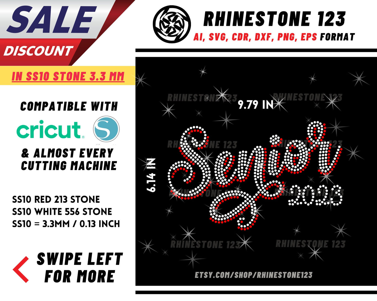 Senior 2023 Rhinestone Template, Rhinestone SVG, cricut, silhouette, Rhinestone File for SS10, PNG, AI, cdr, dxf, eps