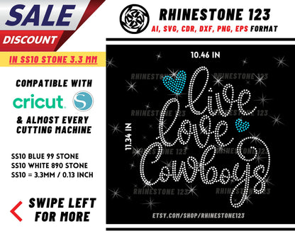 Live Love Cowboys Rhinestone Template, cricut, silhouette, Rhinestone SVG, Rhinestone File for SS10, PNG, AI, cdr, dxf, eps