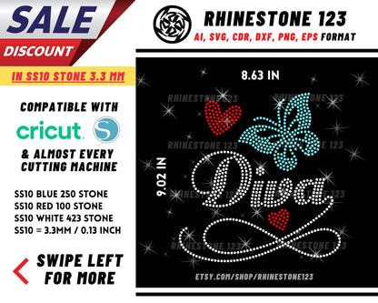 Butterfly Diva Rhinestone Template, Rhinestone File for SS10, Rhinestone SVG, cricut, silhouette, PNG, AI, cdr, dxf, eps