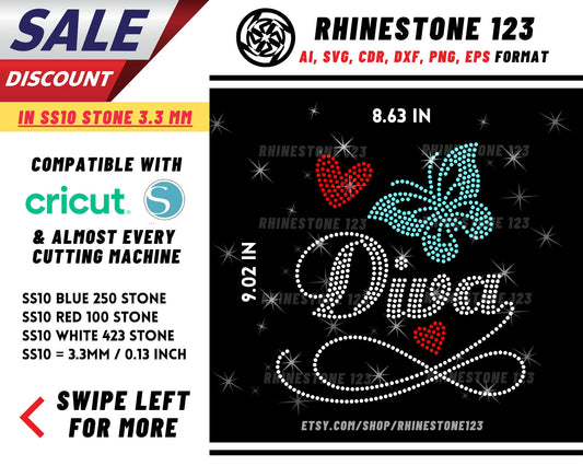 Butterfly Diva Rhinestone Template, Rhinestone File for SS10, Rhinestone SVG, cricut, silhouette, PNG, AI, cdr, dxf, eps