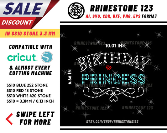 Birthday Princess Rhinestone Template, cricut, silhouette, Rhinestone SVG, Rhinestone File for SS10, PNG, AI, cdr, dxf, eps