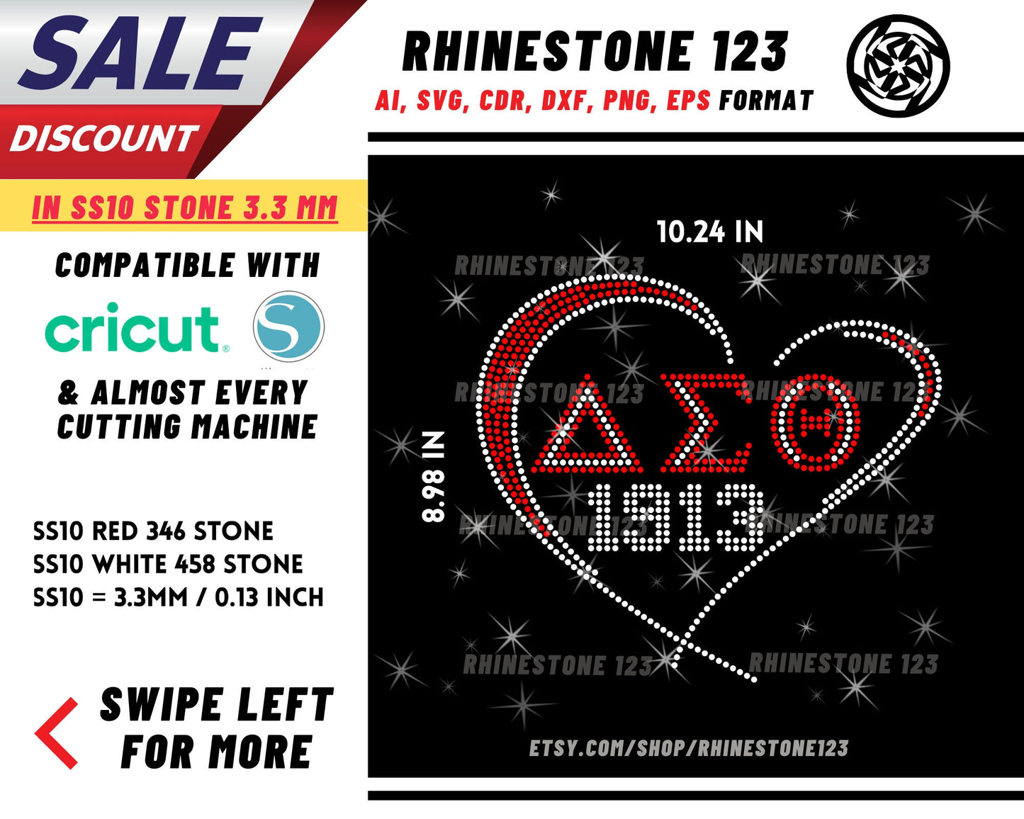 Aeo in Heart 1913 Rhinestone Template, Rhinestone File for SS10, Rhinestone SVG, cricut, silhouette, PNG, AI, cdr, dxf, eps, Sorority