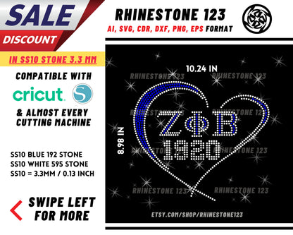 Zob in Heart 1920 Rhinestone Template, Rhinestone File for SS10, Rhinestone SVG, cricut, silhouette, PNG, AI, cdr, dxf, eps, Sorority