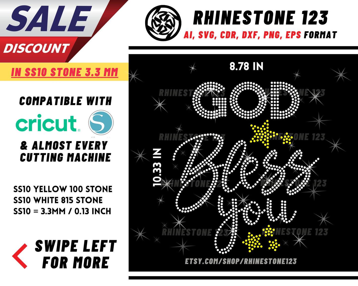 God Bless You Rhinestone Template, Rhinestone File for SS10, Rhinestone SVG, cricut, silhouette, PNG, AI, cdr, dxf, eps