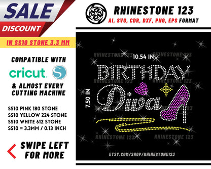 Stilettos Birthday Diva Rhinestone Template, cricut, silhouette, Rhinestone SVG, Rhinestone File for SS10, PNG, AI, cdr, dxf, eps