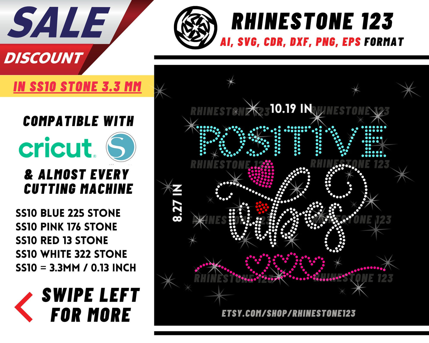 Positive VIbes Only Rhinestone Template, cricut, silhouette, Rhinestone SVG, Rhinestone File for SS10, PNG, AI, cdr, dxf, eps