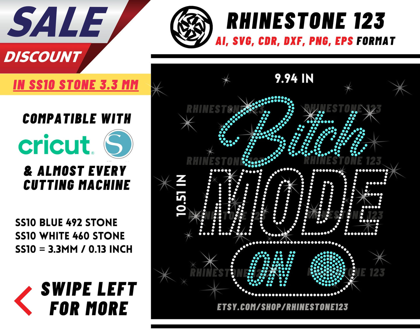 Bitch Mode On Rhinestone Template for Cricut rhinestone template material rhinestone SS10 Instant Download File svg eps png dxf ai cdr