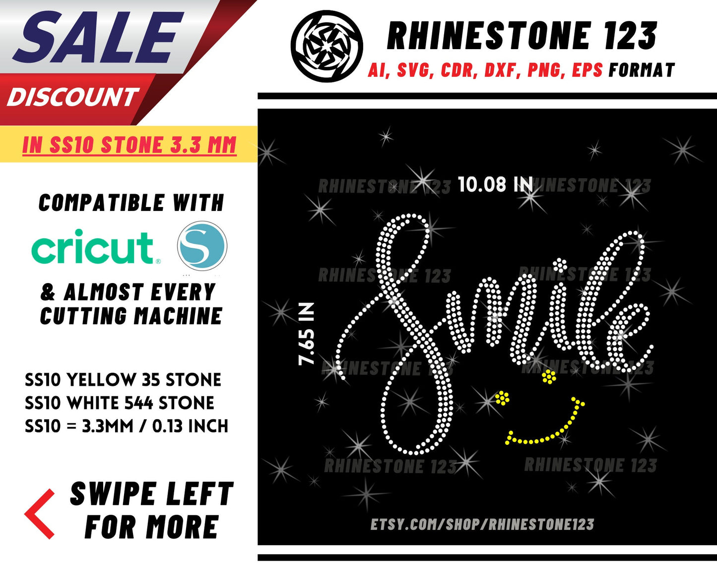 Smiley Smile Rhinestone Template, Rhinestone SVG, cricut, silhouette, Rhinestone File for SS10, PNG, AI, cdr, dxf, eps