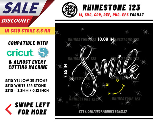 Smiley Smile Rhinestone Template, Rhinestone SVG, cricut, silhouette, Rhinestone File for SS10, PNG, AI, cdr, dxf, eps