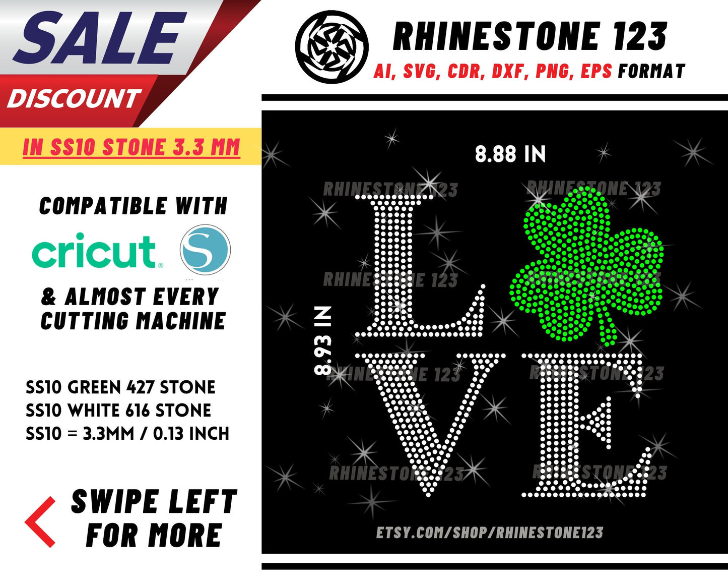 St Patricks Love Clove Rhinestone Template, cricut, silhouette, Rhinestone SVG, Rhinestone File for SS10, PNG, AI, cdr, dxf, eps