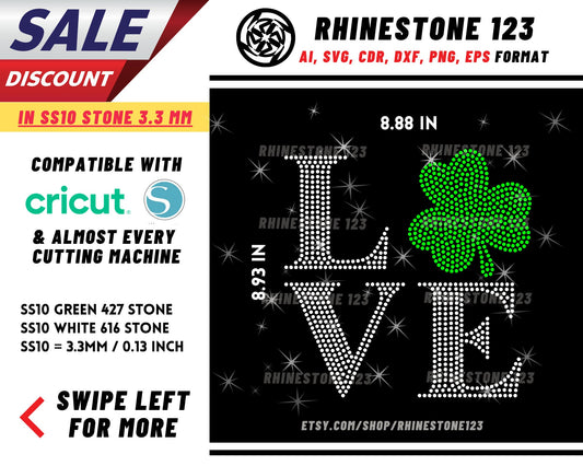 St Patricks Love Clove Rhinestone Template, cricut, silhouette, Rhinestone SVG, Rhinestone File for SS10, PNG, AI, cdr, dxf, eps