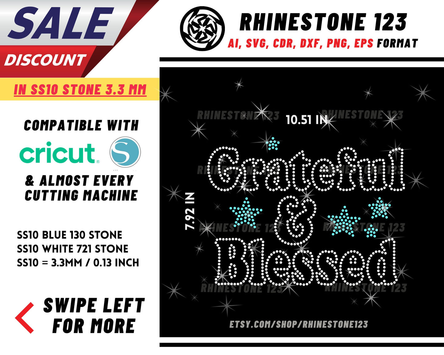 Grateful And Blessed Rhinestone Template, Rhinestone SVG, cricut, silhouette, Rhinestone File for SS10, PNG, AI, cdr, dxf, eps