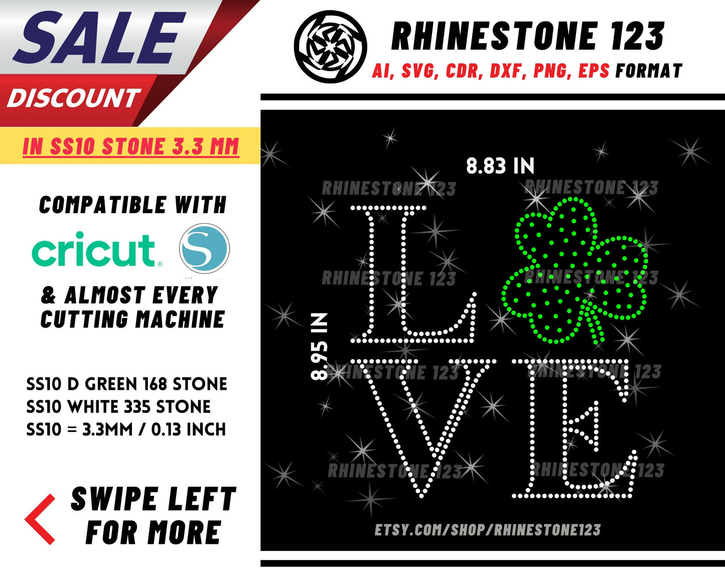 St Patricks Day Love Clover Rhinestone Template for Cricut rhinestone template material rhinestone SS10 Instant Download File svg png dxf