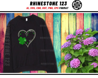 St Patricks Day Clover In Heart Rhinestone Template, Rhinestone SVG, cricut, silhouette, Rhinestone File for SS10, PNG, AI, cdr, dxf, eps