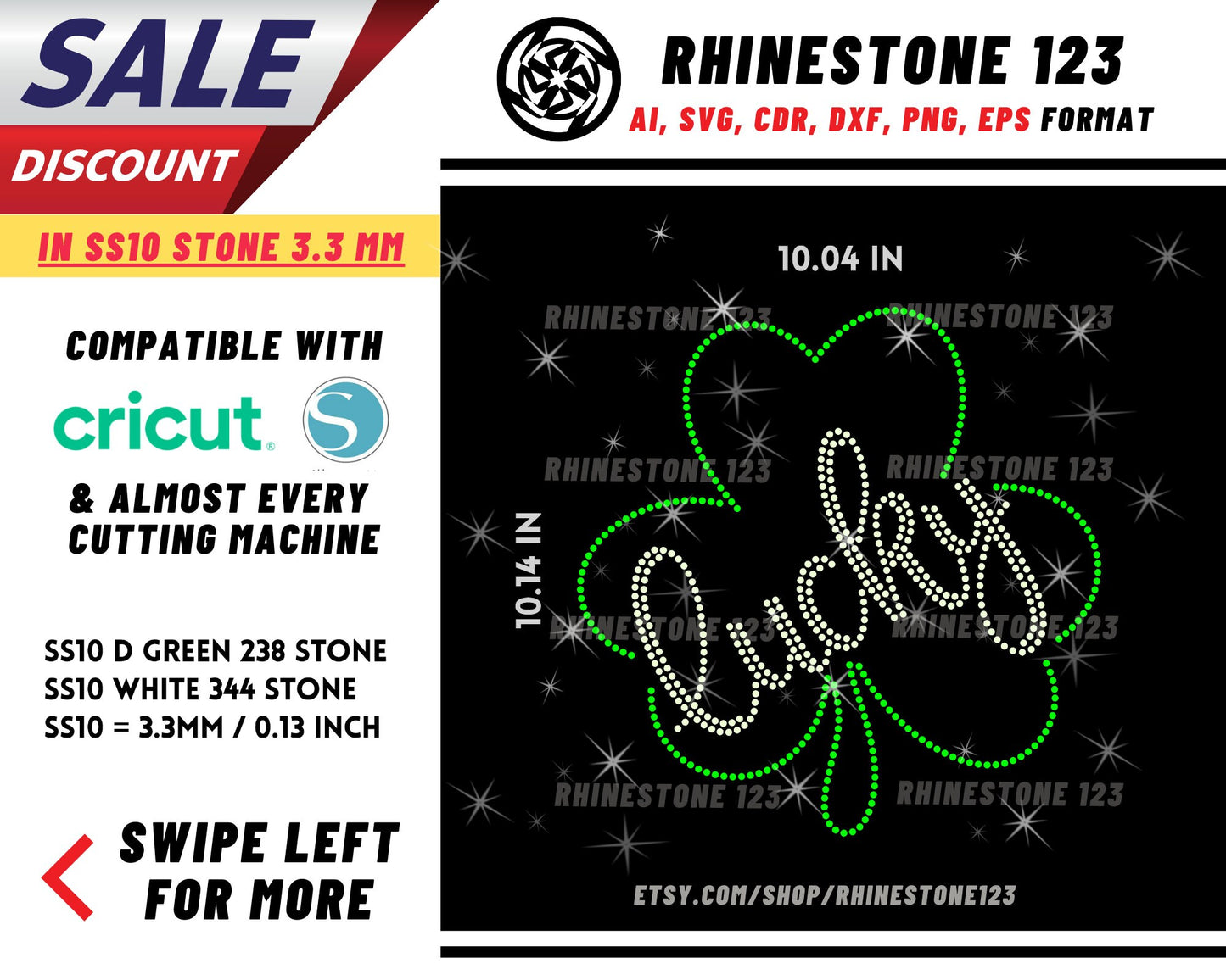 St Patricks Day Lucky In Clover Leaf Rhinestone Template, cricut, silhouette, Rhinestone SVG, Rhinestone File for SS10, PNG, cdr, dxf, eps