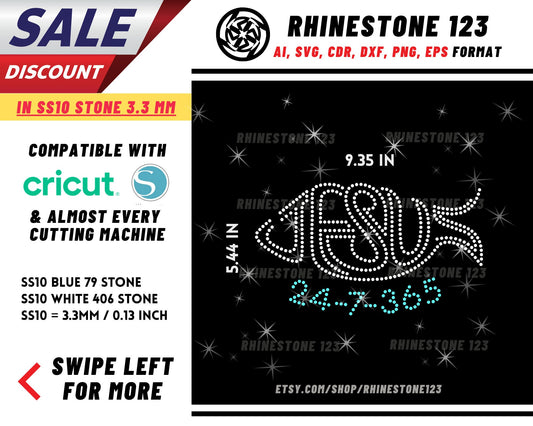 Christian Fish Jesus 247 365 Rhinestone Template, cricut, silhouette, Rhinestone SVG, Rhinestone File for SS10, PNG, AI, cdr, dxf, eps