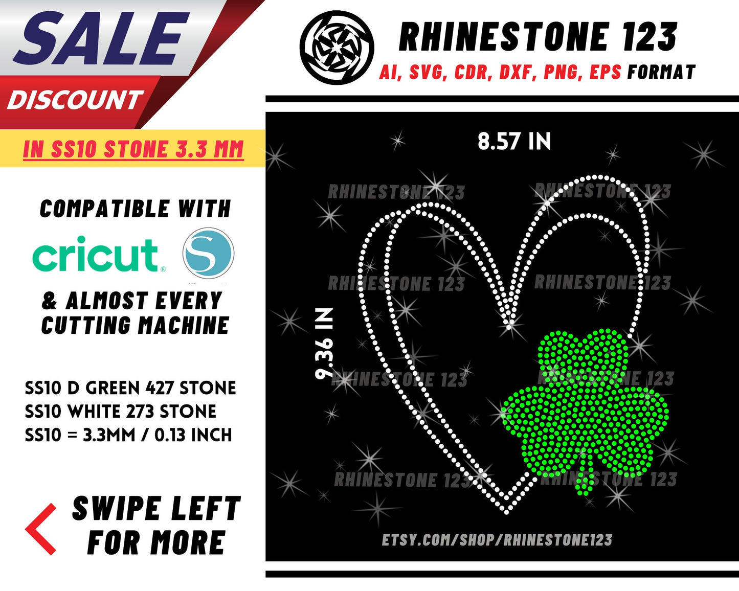 St Patricks Day Heart Clove Rhinestone Template, cricut, silhouette, Rhinestone SVG, Rhinestone File for SS10, PNG, AI, cdr, dxf, eps