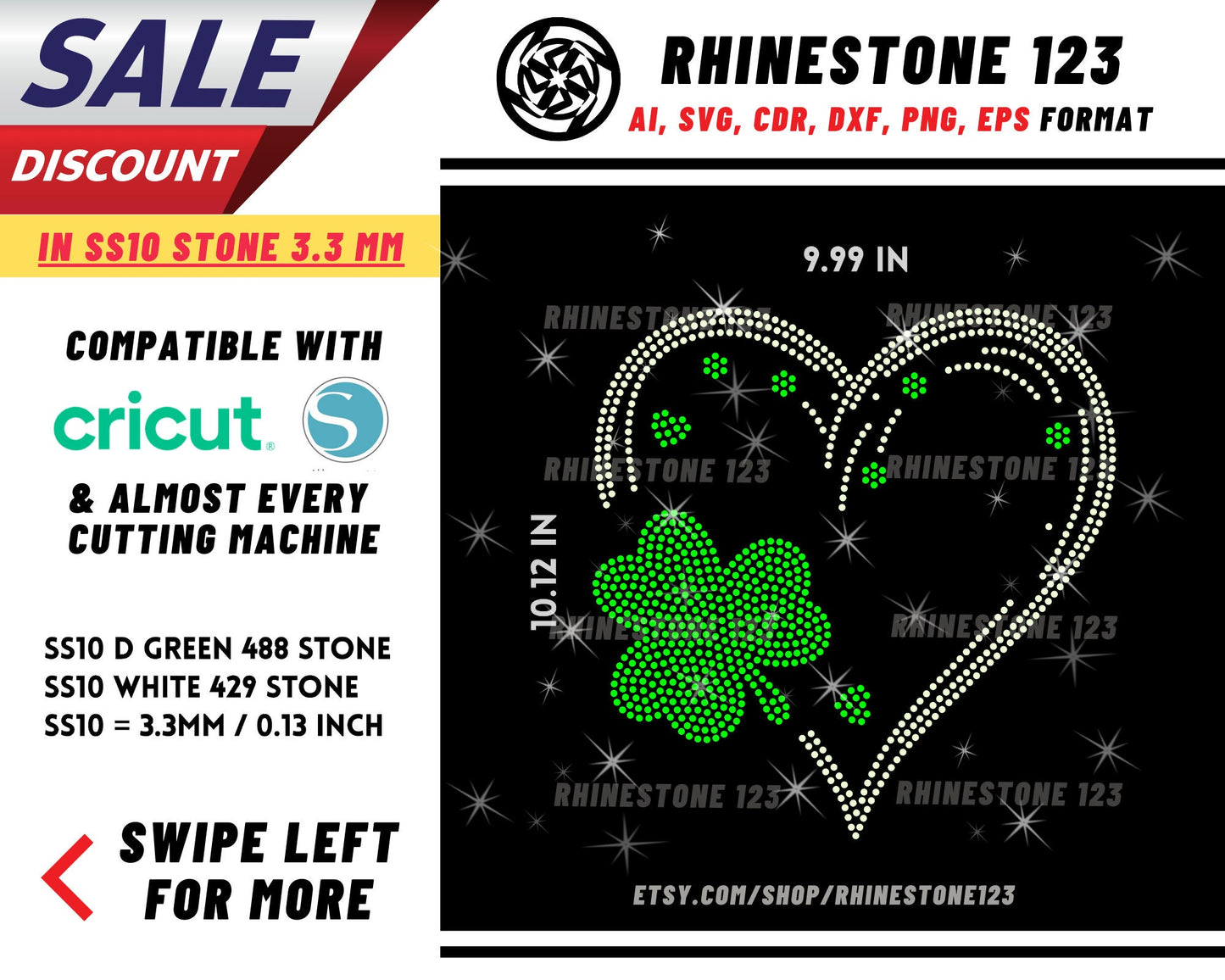 St Patricks Day Clover In Heart Rhinestone Template, Rhinestone SVG, cricut, silhouette, Rhinestone File for SS10, PNG, AI, cdr, dxf, eps