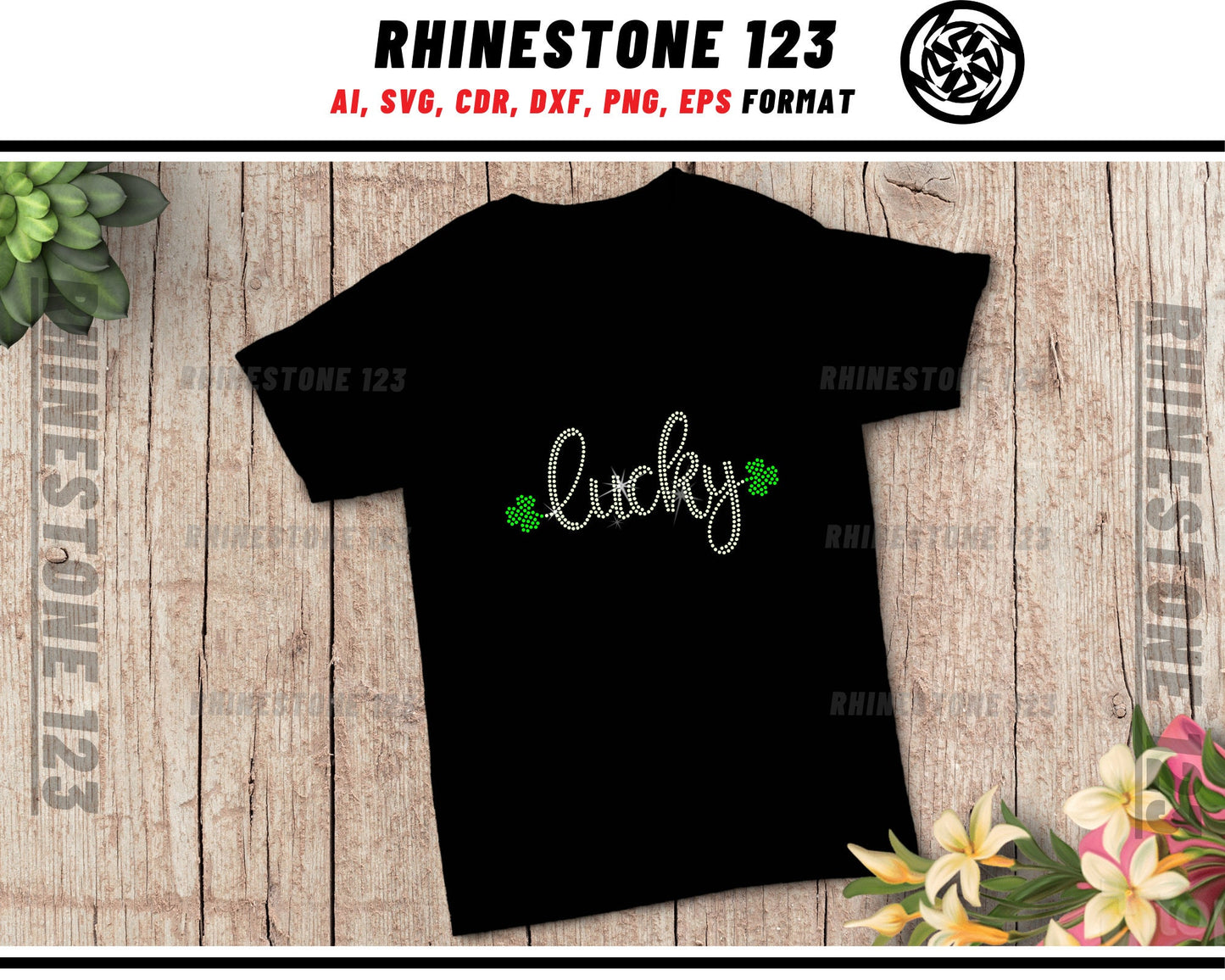 St Patricks Day Clover Lucky Rhinestone Template, Rhinestone SVG, cricut, silhouette, Rhinestone File for SS10, PNG, AI, cdr, dxf, eps