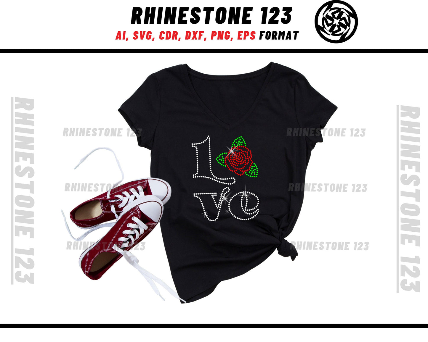 Rose Love Rhinestone Template, Rhinestone File for SS10, Rhinestone SVG, cricut, silhouette, PNG, AI, cdr, dxf, eps