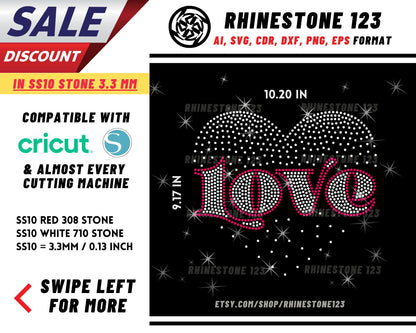 Scattered Heart Love with Outline Rhinestone Template, cricut, silhouette, Rhinestone SVG, Rhinestone File for SS10, PNG, AI, cdr, dxf, eps