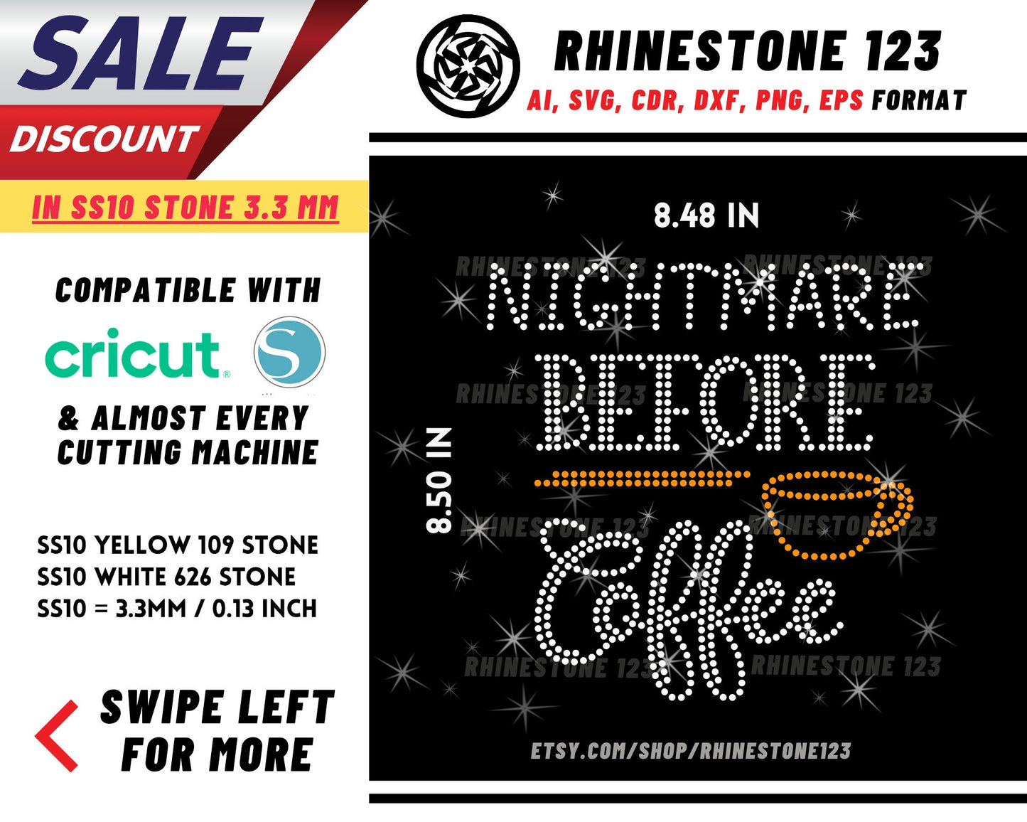 Nightmare Before Coffee Rhinestone Template, Rhinestone File for SS10, Rhinestone SVG, cricut, silhouette, PNG, AI, cdr, dxf, eps