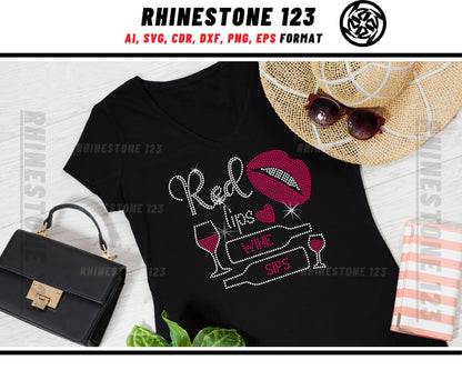 Red Lips Wine Sips Rhinestone Template, cricut, silhouette, Rhinestone SVG, Rhinestone File for SS10, PNG, AI, cdr, dxf, eps