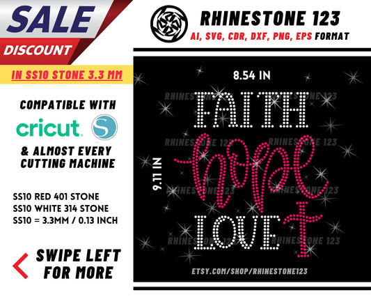 Christ Cross Faith Hope Love Rhinestone Template, Rhinestone SVG, cricut, silhouette, Rhinestone File for SS10, PNG, AI, cdr, dxf, eps