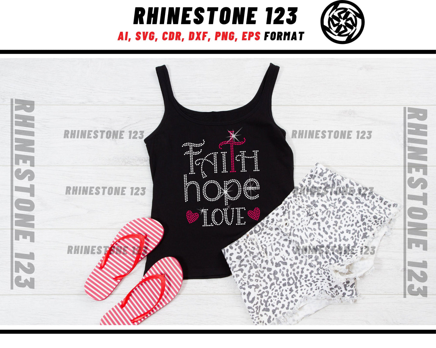 Faith Hope Love Rhinestone Template, Rhinestone SVG, cricut, silhouette, Rhinestone File for SS10, PNG, AI, cdr, dxf, eps