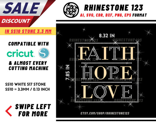 Htv Faith Hope Love Rhinestone Template, Rhinestone SVG, cricut, silhouette, Rhinestone File for SS10, PNG, AI, cdr, dxf, eps