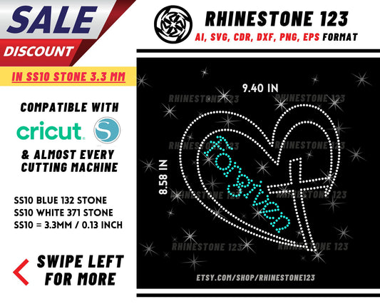 Christ Cross Heart Forgiven Rhinestone Template, Rhinestone SVG, cricut, silhouette, Rhinestone File for SS10, PNG, AI, cdr, dxf, eps