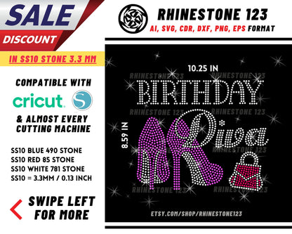 Birthday Diva Purse Stilettos Rhinestone Template, cricut, silhouette, Rhinestone SVG, Rhinestone File for SS10, PNG, AI, cdr, dxf, eps