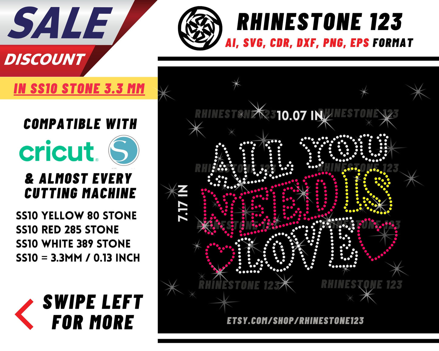 All We Need Is Love Rhinestone Template, Rhinestone SVG, cricut, silhouette, Rhinestone File for SS10, PNG, AI, cdr, dxf, eps