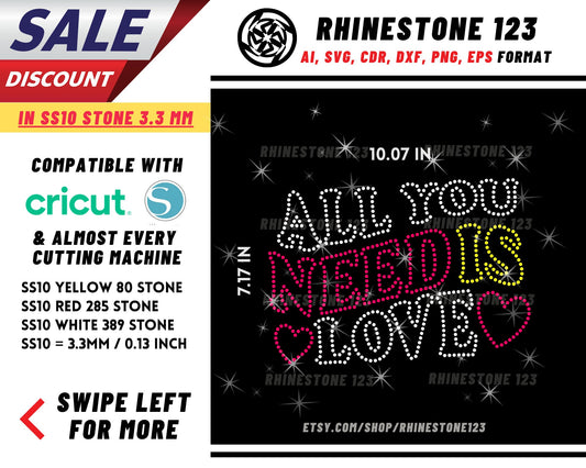 All We Need Is Love Rhinestone Template, Rhinestone SVG, cricut, silhouette, Rhinestone File for SS10, PNG, AI, cdr, dxf, eps