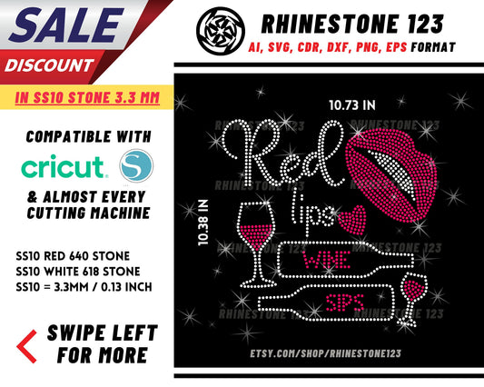 Red Lips Wine Sips Rhinestone Template, cricut, silhouette, Rhinestone SVG, Rhinestone File for SS10, PNG, AI, cdr, dxf, eps