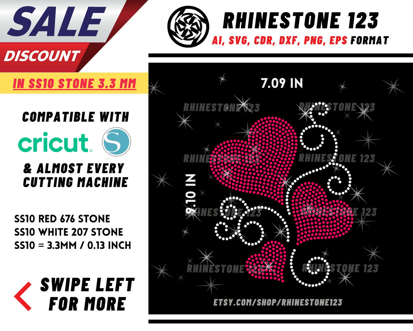 Swirl Heart Monogram Rhinestone Template, Rhinestone SVG, cricut, silhouette, Rhinestone File for SS10, PNG, AI, cdr, dxf, eps