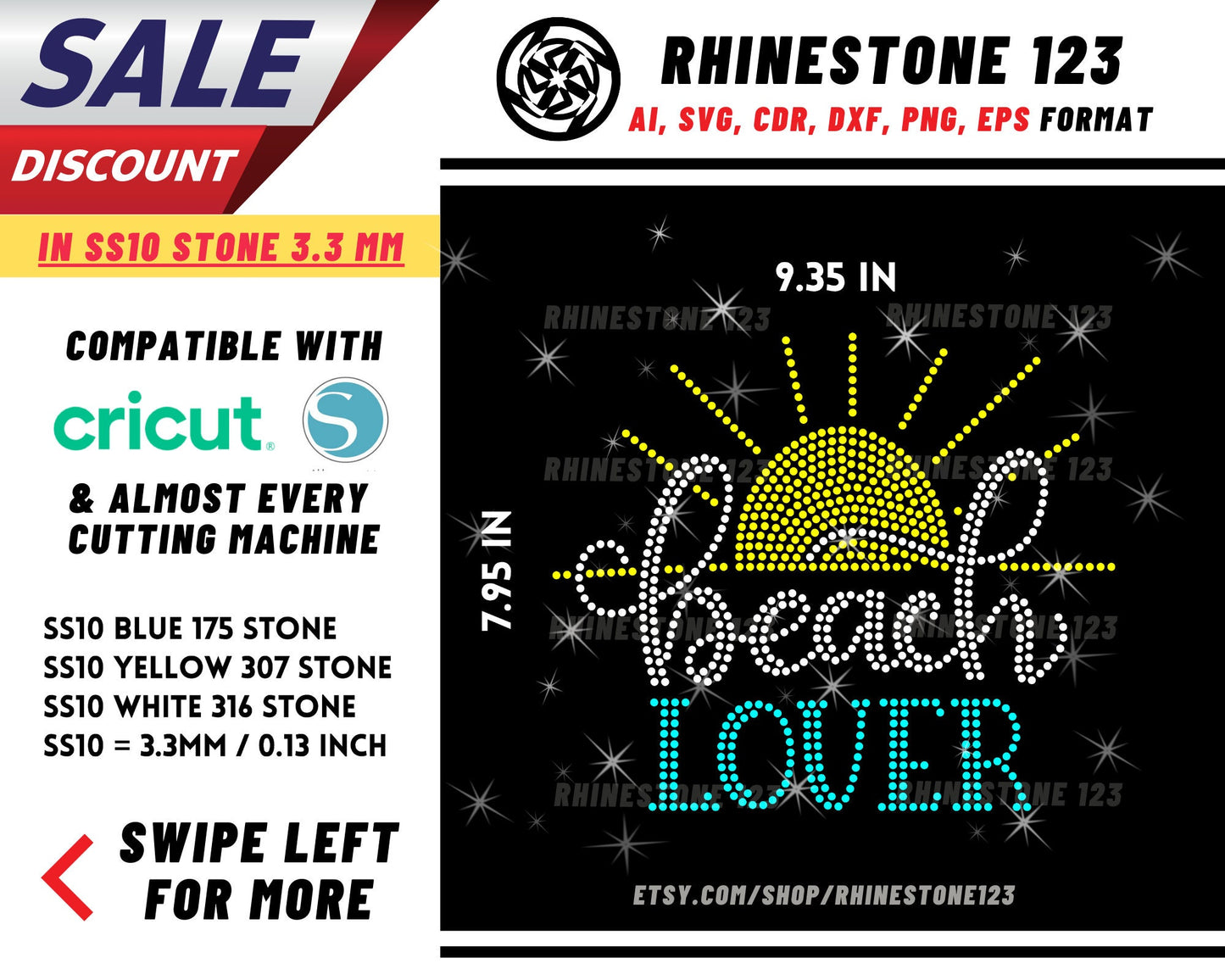 Beach Lover Rhinestone Template, Rhinestone File for SS10, Rhinestone SVG, cricut, silhouette, PNG, AI, cdr, dxf, eps