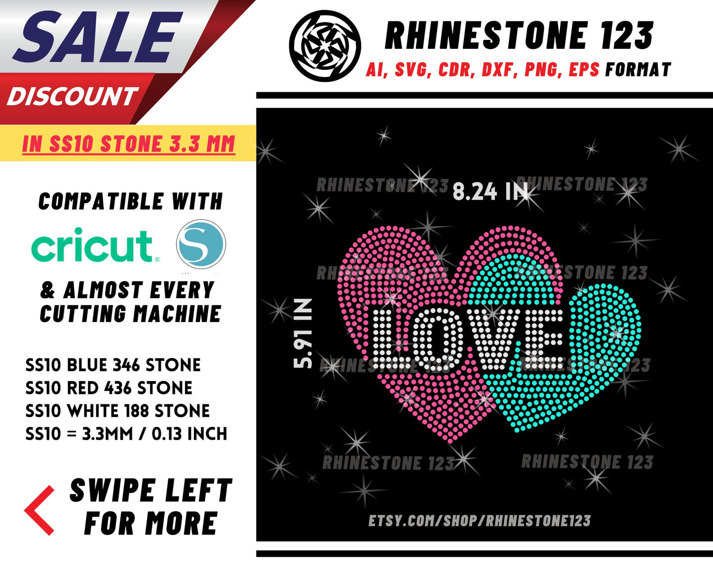 2 Hearts Love Rhinestone Template, Rhinestone SVG, cricut, silhouette, Rhinestone File for SS10, PNG, AI, cdr, dxf, eps