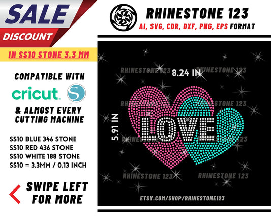 2 Hearts Love Rhinestone Template, Rhinestone SVG, cricut, silhouette, Rhinestone File for SS10, PNG, AI, cdr, dxf, eps